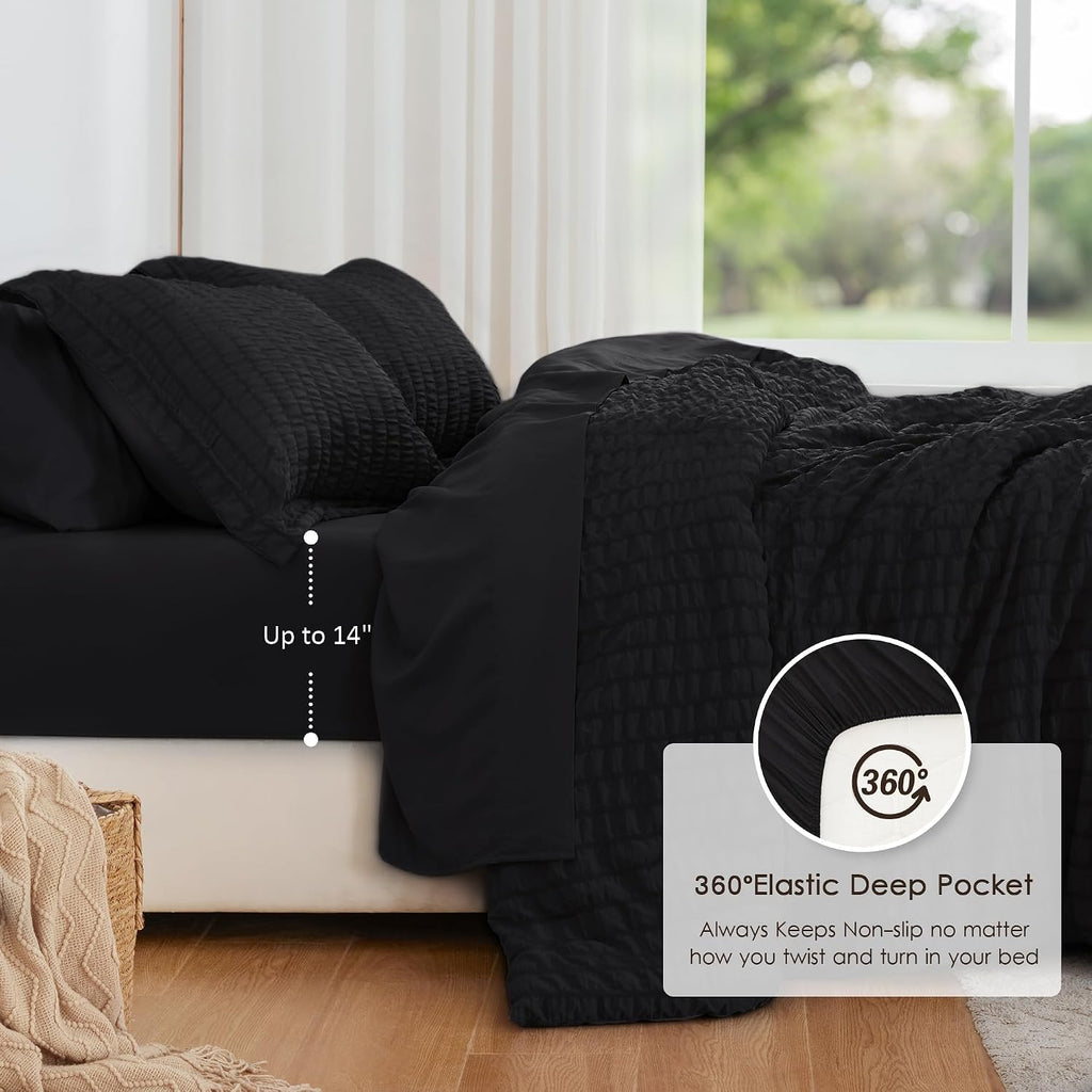 Seersucker Black Full Comforter Set, 7-Piece All Season Lightweight Bed in a Bag Bedding Set with Comforter, Flat