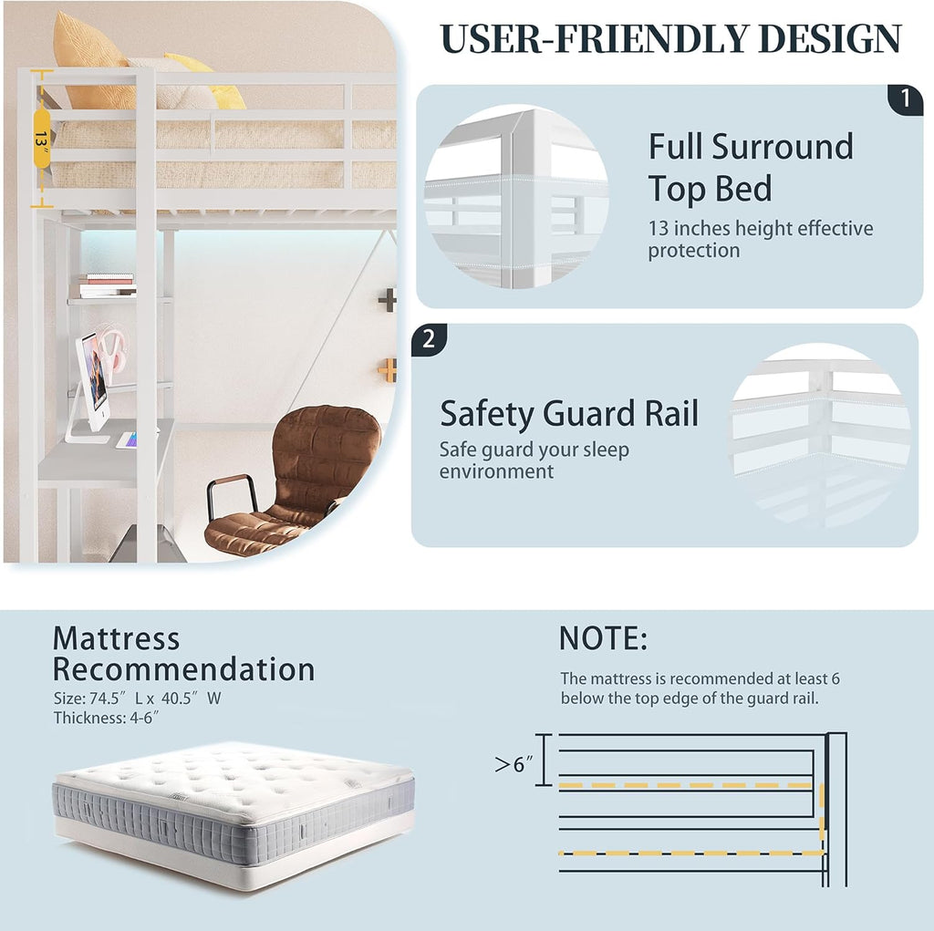 Metal Twin Loft Bed with Desk, Twin Loft Bed with 2 Built-in Ladders & Safety Guard, Noise Free for Small Bedroom