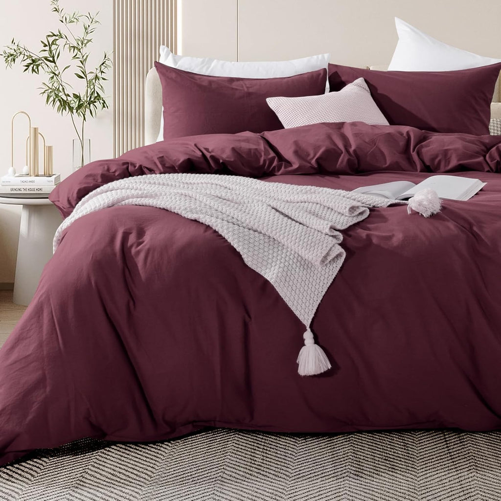 Duvet Cover Set Linen Look Textured 100% Washed Cotton Duvet Cover Burgundy Dark Red 3 Pieces Bedding Set