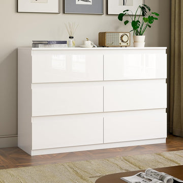 White 6 Drawer Dresser 47" Wide Closet Storage | Wood Dresser, Modern High Gloss, Handle-Free, |TV Stand|Living Room