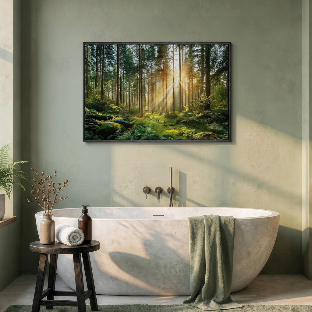 Framed Forest Landscape Wall Art, Horizontal Nature Sunset Canvas Artwork for Walls, Wilderness Scenery Photography