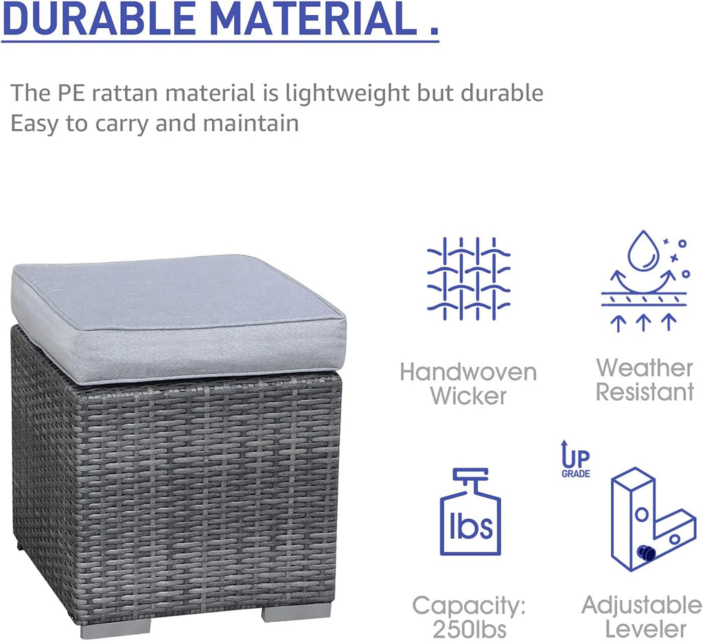 2 Pieces Assembled Outdoor Patio Ottoman, Grey Wicker, Light Grey | Indoor Outdoor All-Weather Rattan Footstool