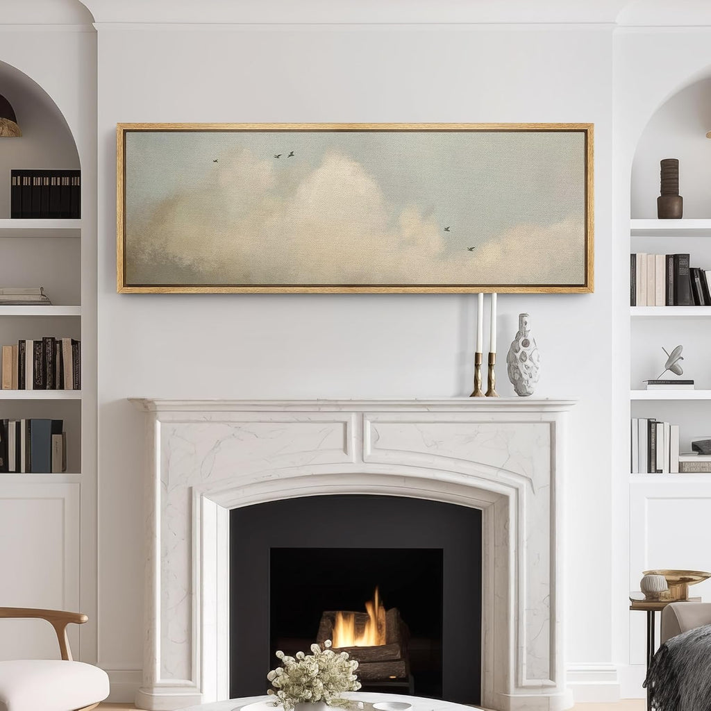 Large Framed Canvas Print Wall Art Serene Cloudscape with Birds in Flight Illustrations Modern Art Calm Warm - 60"x20"