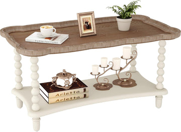 Farmhouse Coffee Table, Rustic White French Country Center Table with Storage Shelf, Wood Coffee Tables Dining Room