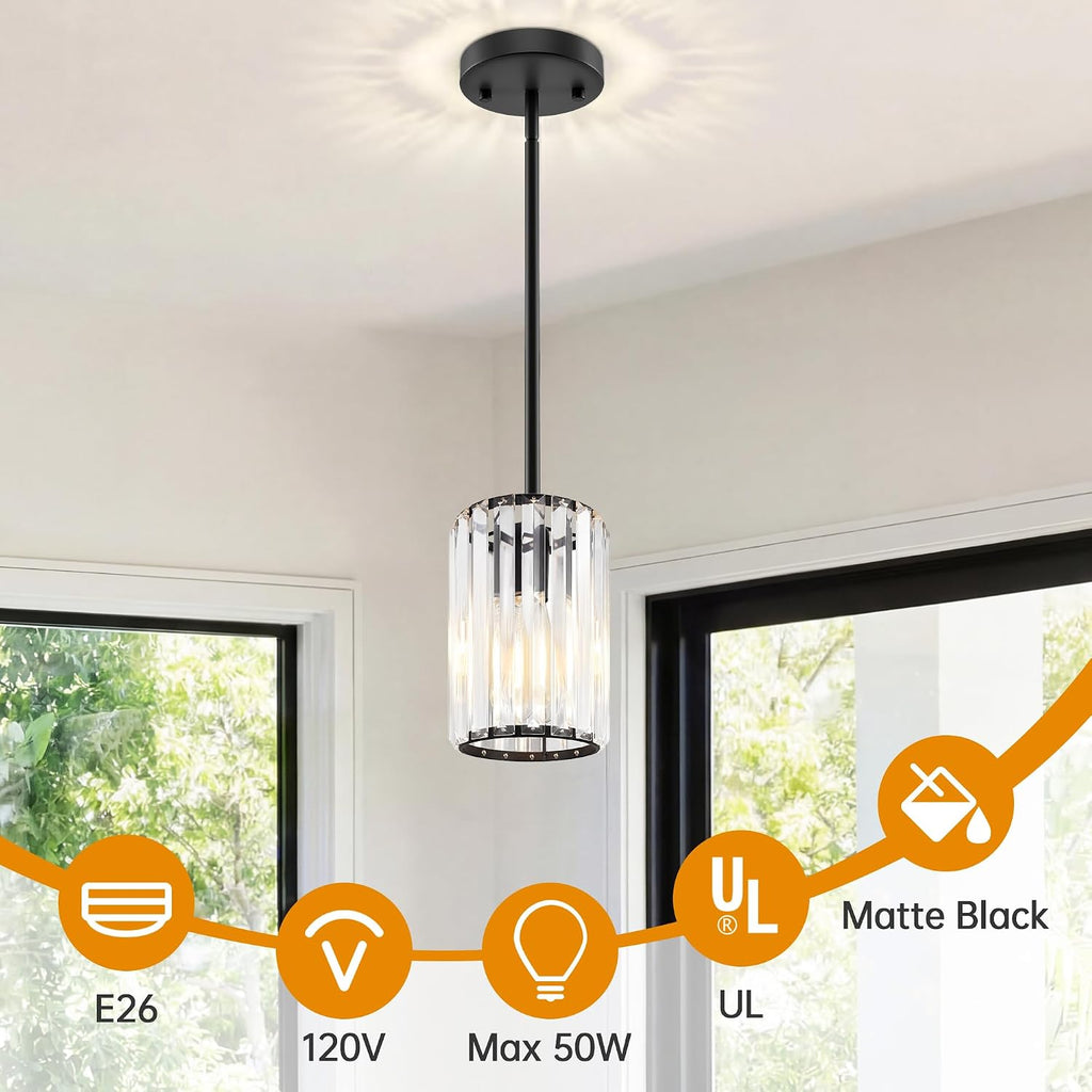 Black Pendant Light, Modern Crystal Pendant Lights Kitchen Island, Kitchen Island Lighting with Adjustable Height, UL