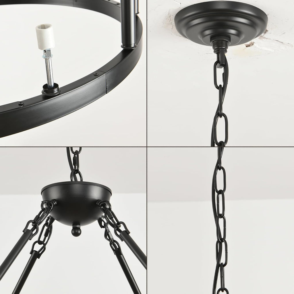 Inspired Camino Style Chandelier - Black Wagon Wheel Chandelier 32 inch,12-Light Farmhouse Wagon Wheel Chandeliers Round Industrial Ceiling Light fixtures for Outdoor Porch high Ceilings Living Dining Room Foyer Entryway
