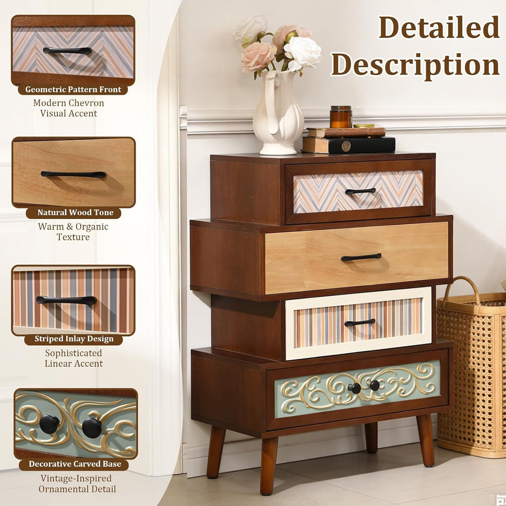 Boho Accent Cabinet with Drawers, Narrow Storage Cabinet for Small Spaces, Multi-Drawer Chest , 26"