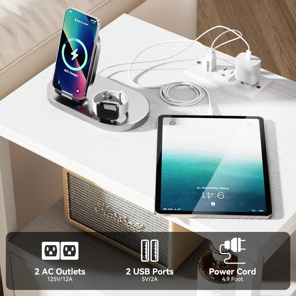 Nightstands Set of 2, End Tables Set of 2 with Charging Station and LED Lights, White Night Stands with 2 Fabric