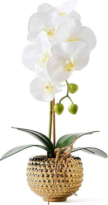 Orchids Artificial Flowers, 15" Faux Orchid in Gold Flower Pot Real Touch Flowers in Pot Large Flower Arrangements