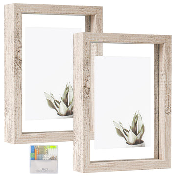 5x7 Floating Frames Distressed Beige White Wood Pattern, Double Glass Picture Frame Display Any Size Photo up to