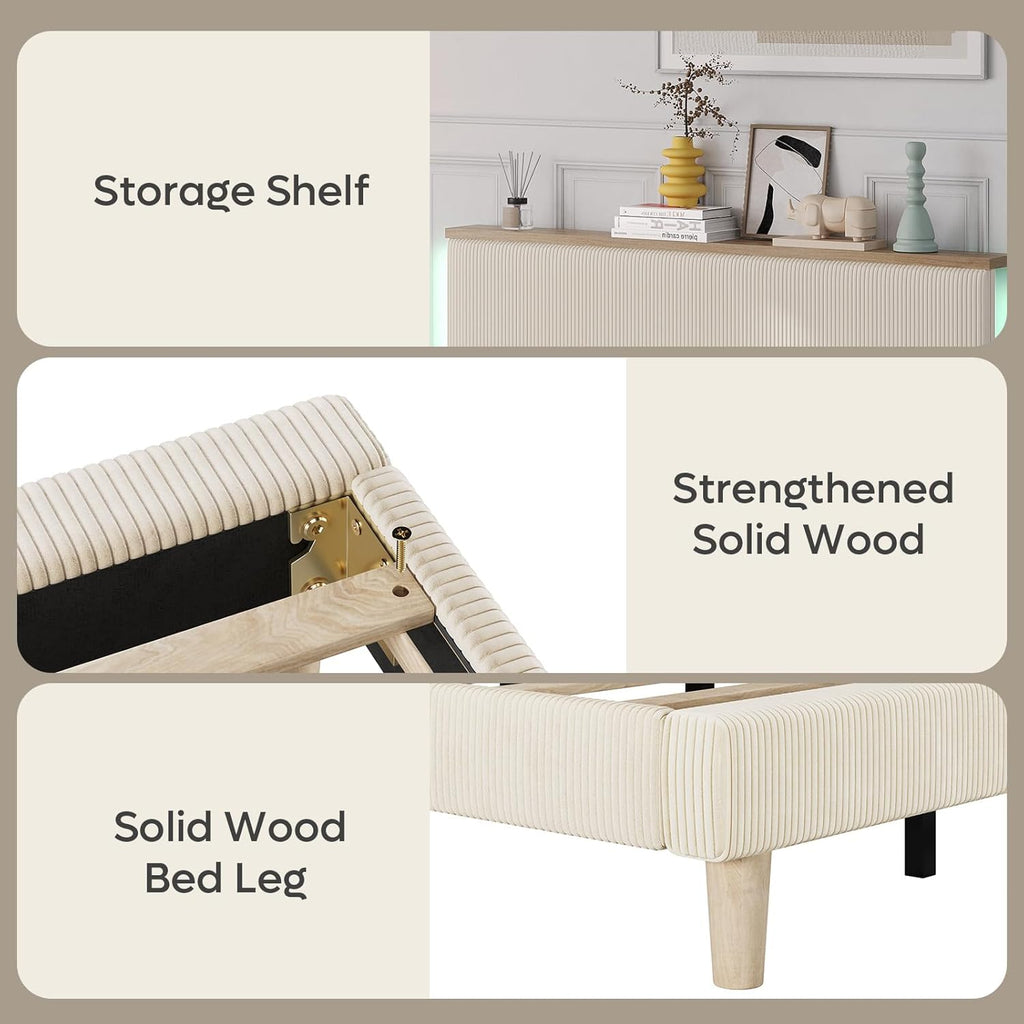 Queen Bed Frame with Adjustable Headboard & LEDLighting, Corduroy Upholstered Platform Bed Frame withStorage Shelf