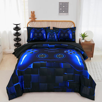 Bed in A Bag 6 Pieces Gaming Bedding Set for Boys Blue Gamer Comforter with Sheet Set for Kids Teen Cool Video