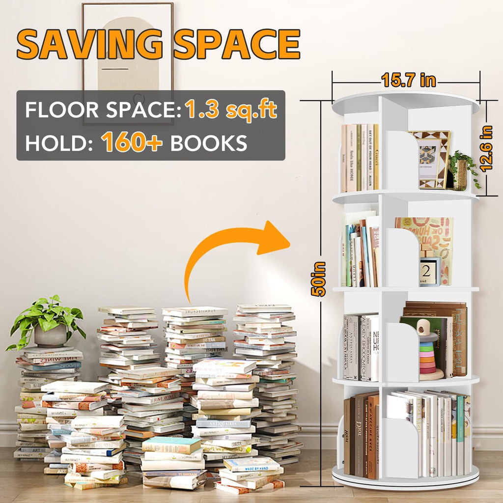 4 Tier Rotating Bookshelf Tower, Spinning Bookshelf, Revolving 360° Bookcase Storage Round Carousel
