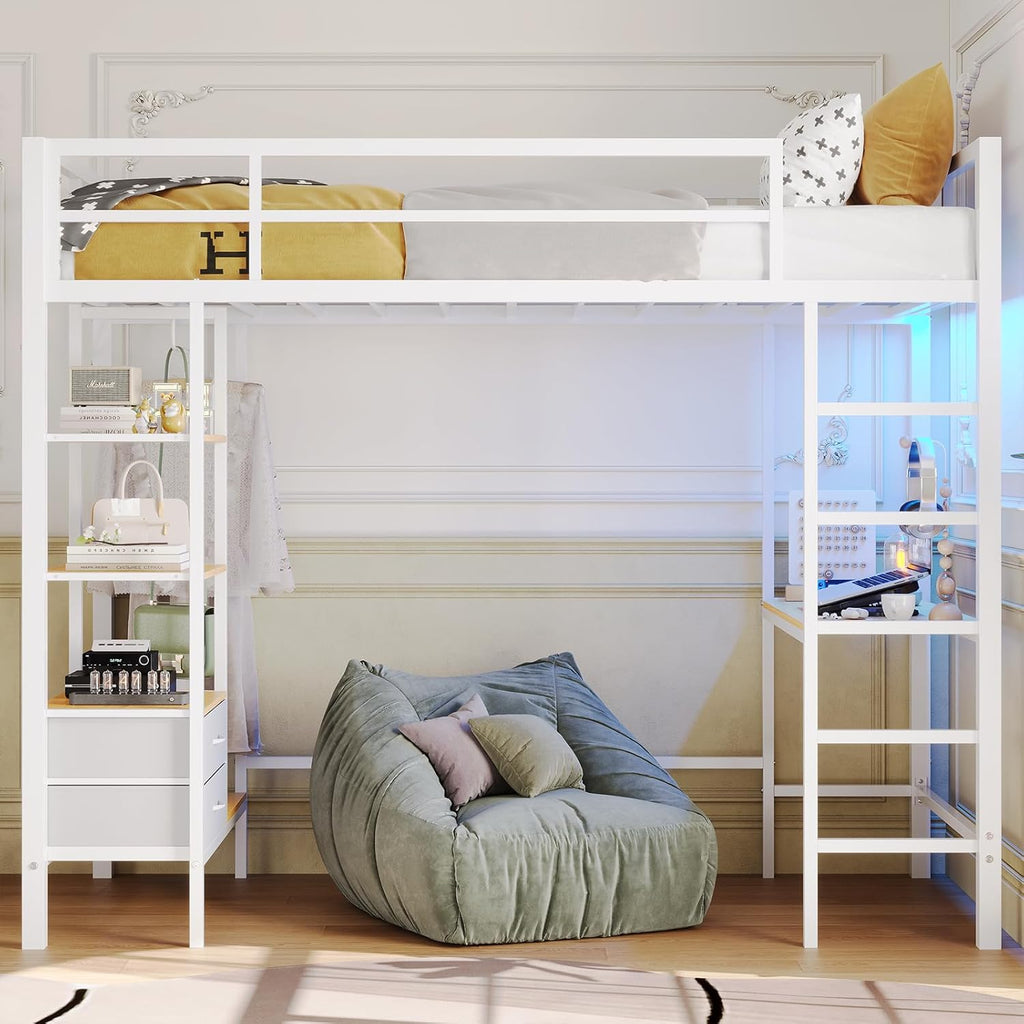 Loft Bed Twin with Desk and Charging Station Metal Loft Bed with Led Lights,Storage Shelves and Drawers Twin Bed with