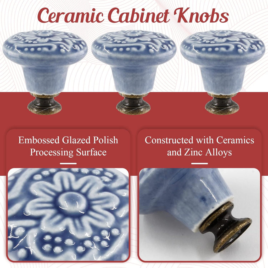 4pcs Greyish Blue Ceramic Knobs, Vintage & Retro Dresser & Cabinet Knobs & Pulls & Furniture Doors