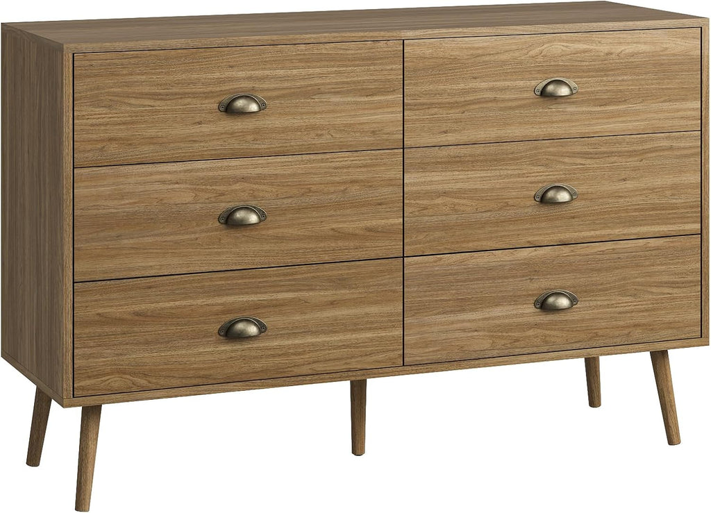 Dresser Wide Mid Century Modern Chest of Drawers,Wooden Bedroom Dresser with 6 Storage Drawers ,Oak
