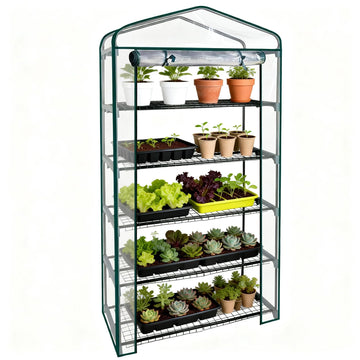 5 Tier Mini Greenhouse - 75'' H x 27'' L x 19'' W - Sturdy Portable Gardening Shelves with Transparent PVC Cover