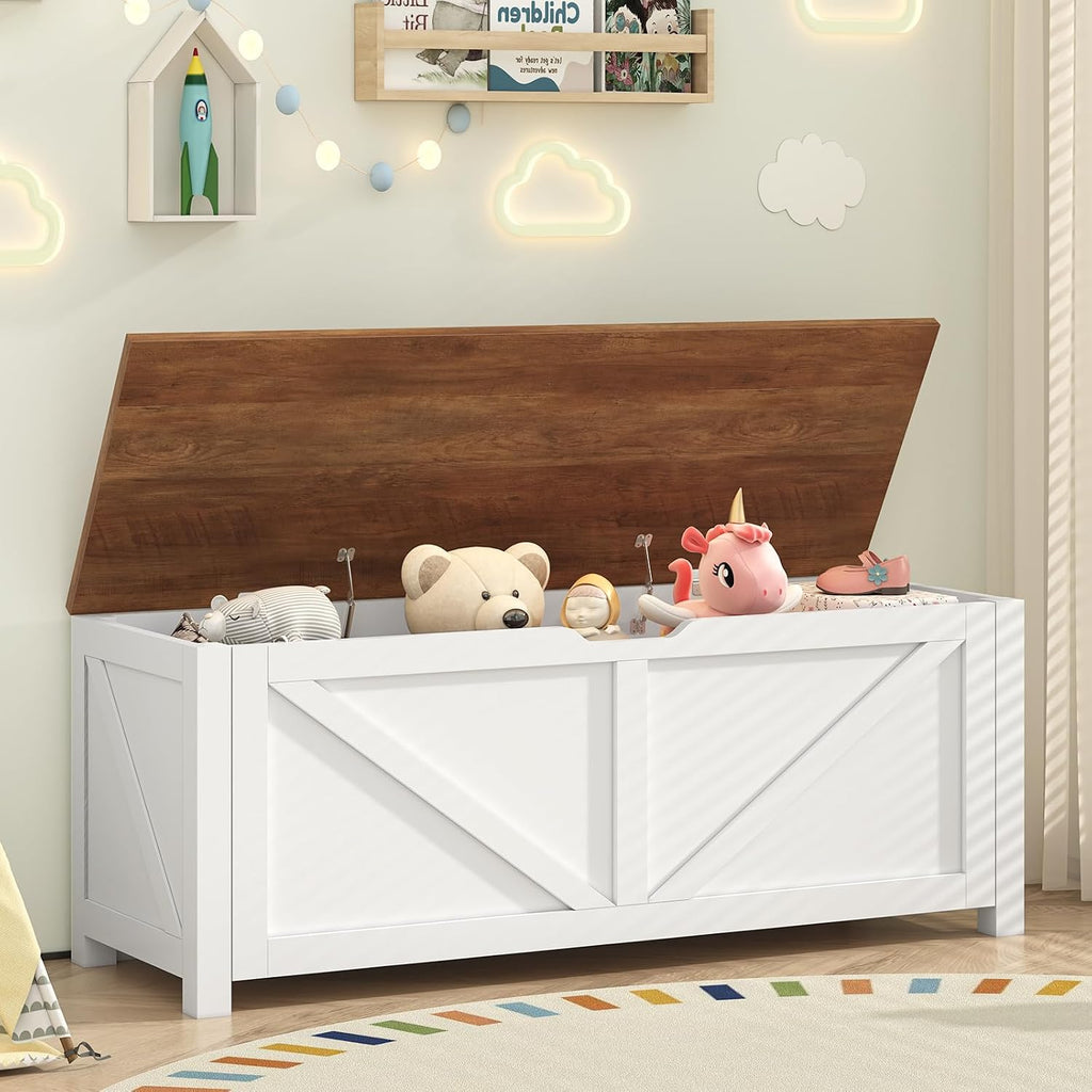 47.2" Storage Chest, Farmhouse Large Storage Bench with 2 Safety Hinges, Wooden Storage Trunk with Flip-Top, Toy