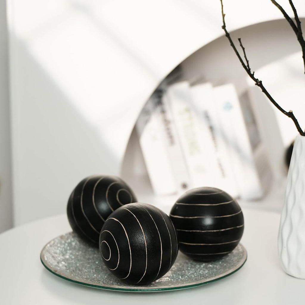 Decorative Orbs for Bowls and Vases, Circle Pattern, 4 inch Resin Round Sphere Balls, Set of 3, Living Room Coffee