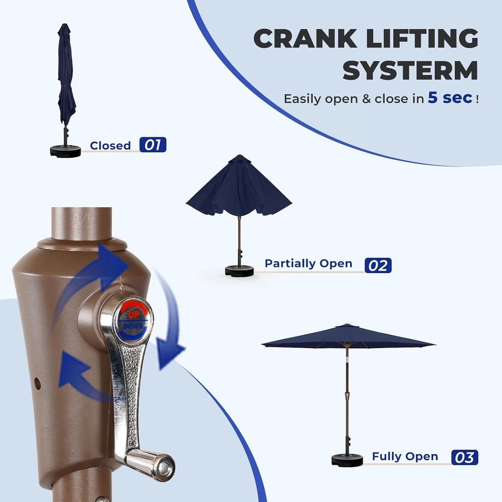 9FT-Patio-Umbrella w/Push Button Tilt & Crank | Navy Blue | Outdoor Table Umbrellas w/ 8 Fiberglass Ribs | Large Market