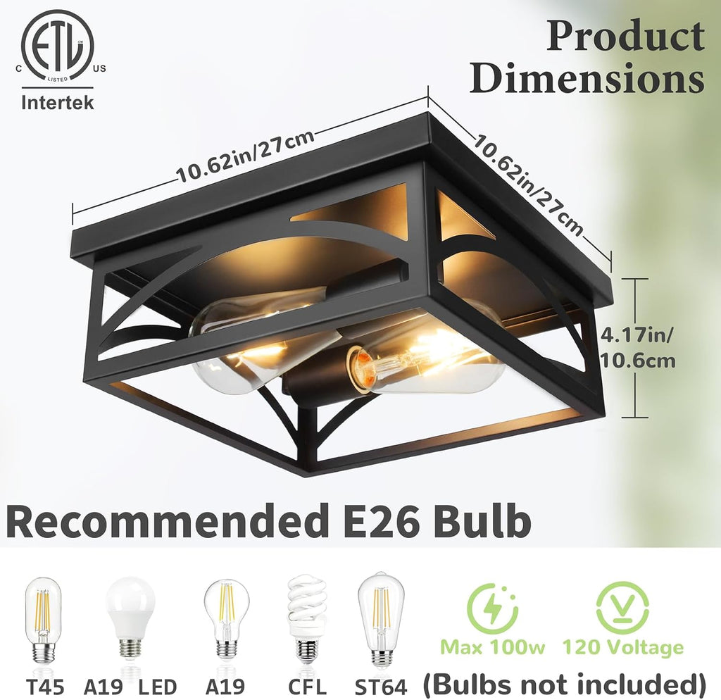 Black Square Flush Mount Ceiling Light, Farmhouse Ceiling Light Fixture for Hallway Porch Kitchen