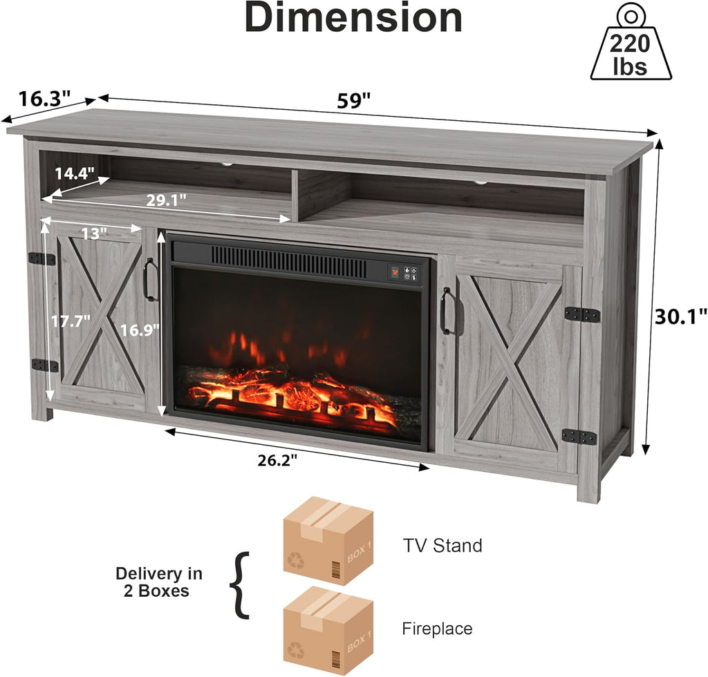 Farmhouse Fireplace TV Stand for TVs Up to 65 Inch Highboy Entertainment Center with Open Storage and Side Cabinets Rustic Media Console Table with Barn Doors for Living Room (Grey Wash)
