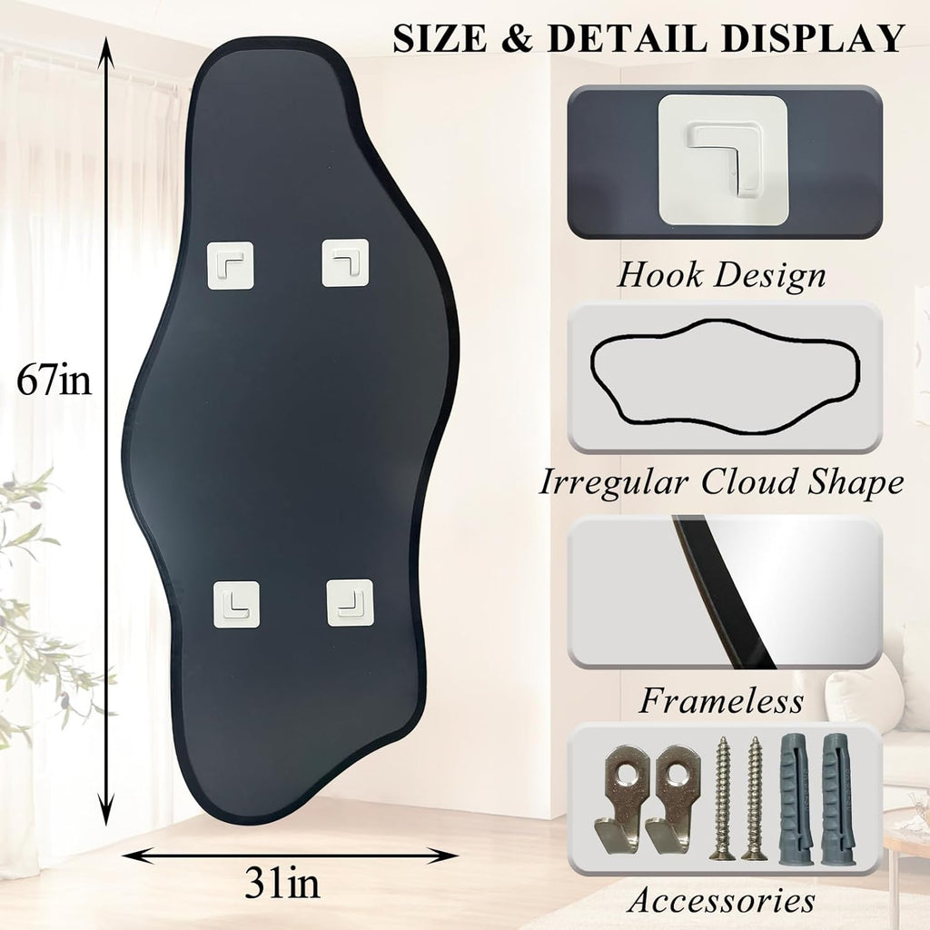 Irregular Mirror Full Length, 67"x31" Asymmetrical Tempered Glass Mirrors, Modern Large Organic Frameless Mirrors