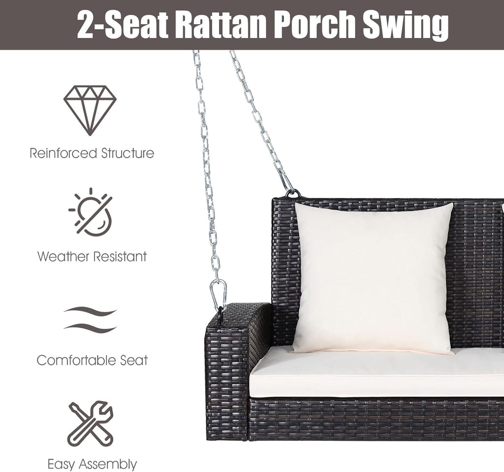 2-Person Wicker Porch Swing, Patiojoy Outdoor Rattan Hanging Swing Bench W/ 2 Back Cushions & 1 Seat Cushion, Sturdy