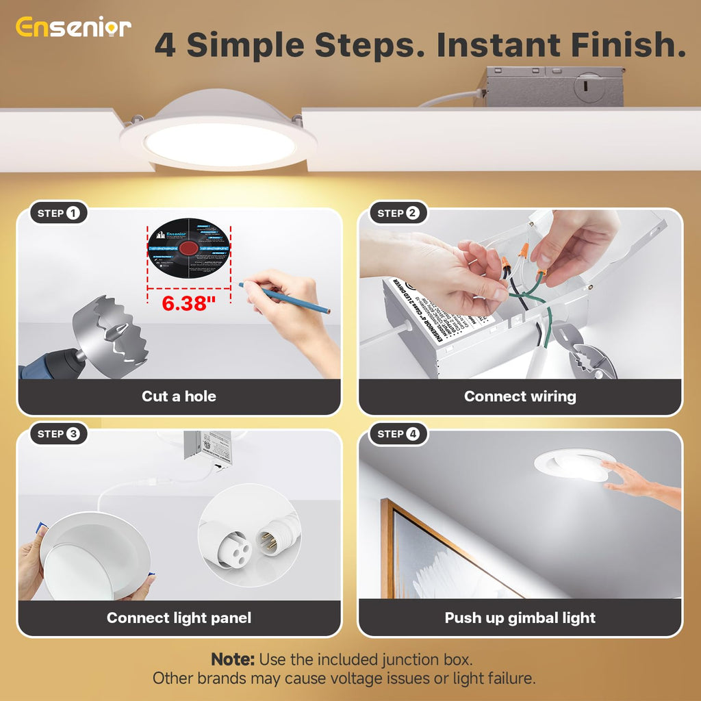6 Inch Gimbal LED Recessed Light, 5CCT, 12W, 1200LM, 4 Pack