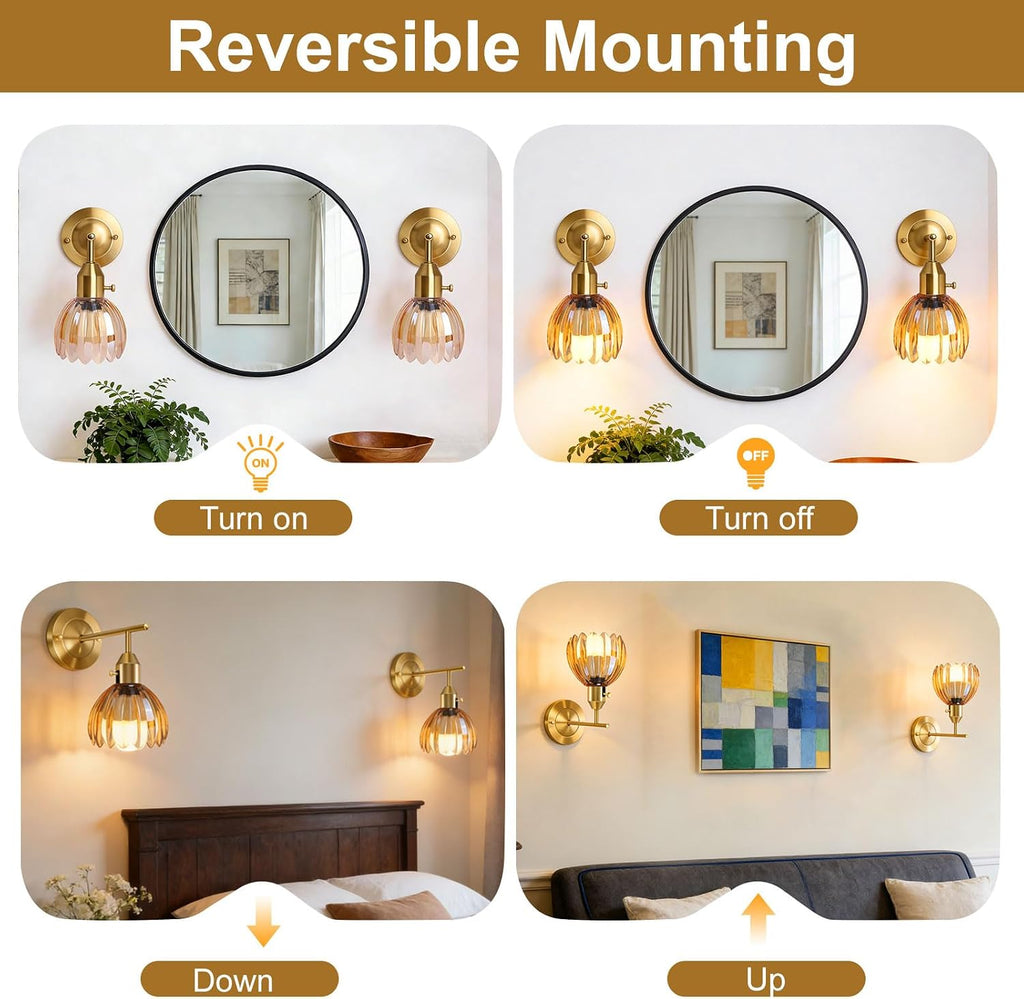 Vintage Gold Wall Sconces Set of 2 with Cute Amber Tulip Glass Lampshade, Hardwired and Wireless Wall Mounted Light