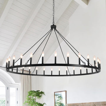 Inspired Camino Style Chandelier - Black Extra Large Wagon Wheel Chandelier, 60 inch 30 Lights Farmhouse Chandelier, Industrial Candle Round Pendant Light Fixture for High Ceiling Living Room Dining Room Entryway