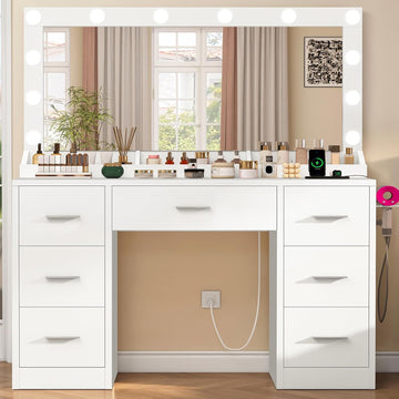Vanity with Large Mirror and 12 LED Lights, Vanity Desk with 7 Drawers & Hairdryer Holder, Makeup Vanity Desk with