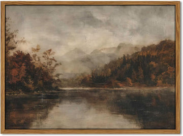 Wood Framed Vintage Wall Art, Moody Lake Forest Landscape Wall Decor Paintings, Nature Mountain Pictures Canvas