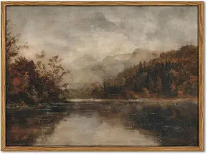 Wood Framed Vintage Wall Art, Moody Lake Forest Landscape Wall Decor Paintings, Nature Mountain Pictures Canvas