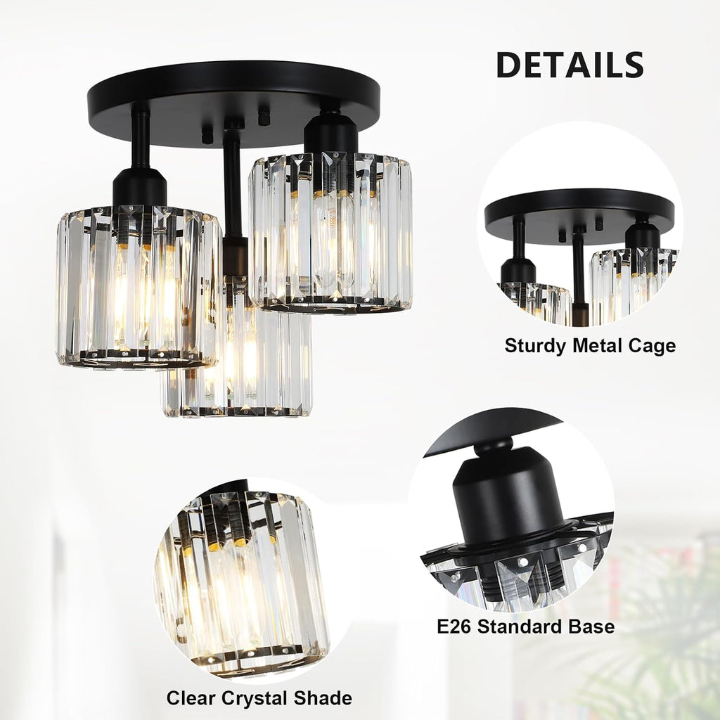 Crystal Semi Flush Mount Ceiling Light,3-Light Modern Close to Ceiling Light Fixtures,Black Kitchen Light Fixtures