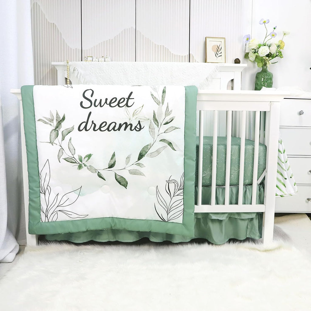 Green Leaf Crib Bedding Set, 4-Piece Baby Boy Bedding Set, Neutral Nursery Bedding Set, Fitted Crib Sheet, Crib