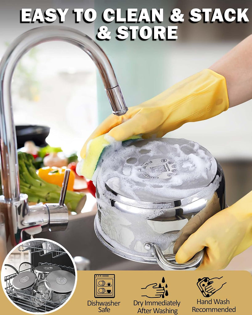 Kitchen Cookware Sets, 12-Piece Basic Stainless Steel Pots and Pans, Silver | Stay-Cool Handle, Induction Compatible