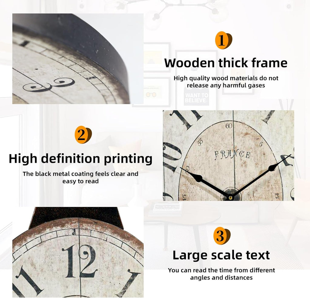 HOME Large French Country Oval Wall Clock for Living Room Decor, Rustic Farmhouse Wall Clock Decorative