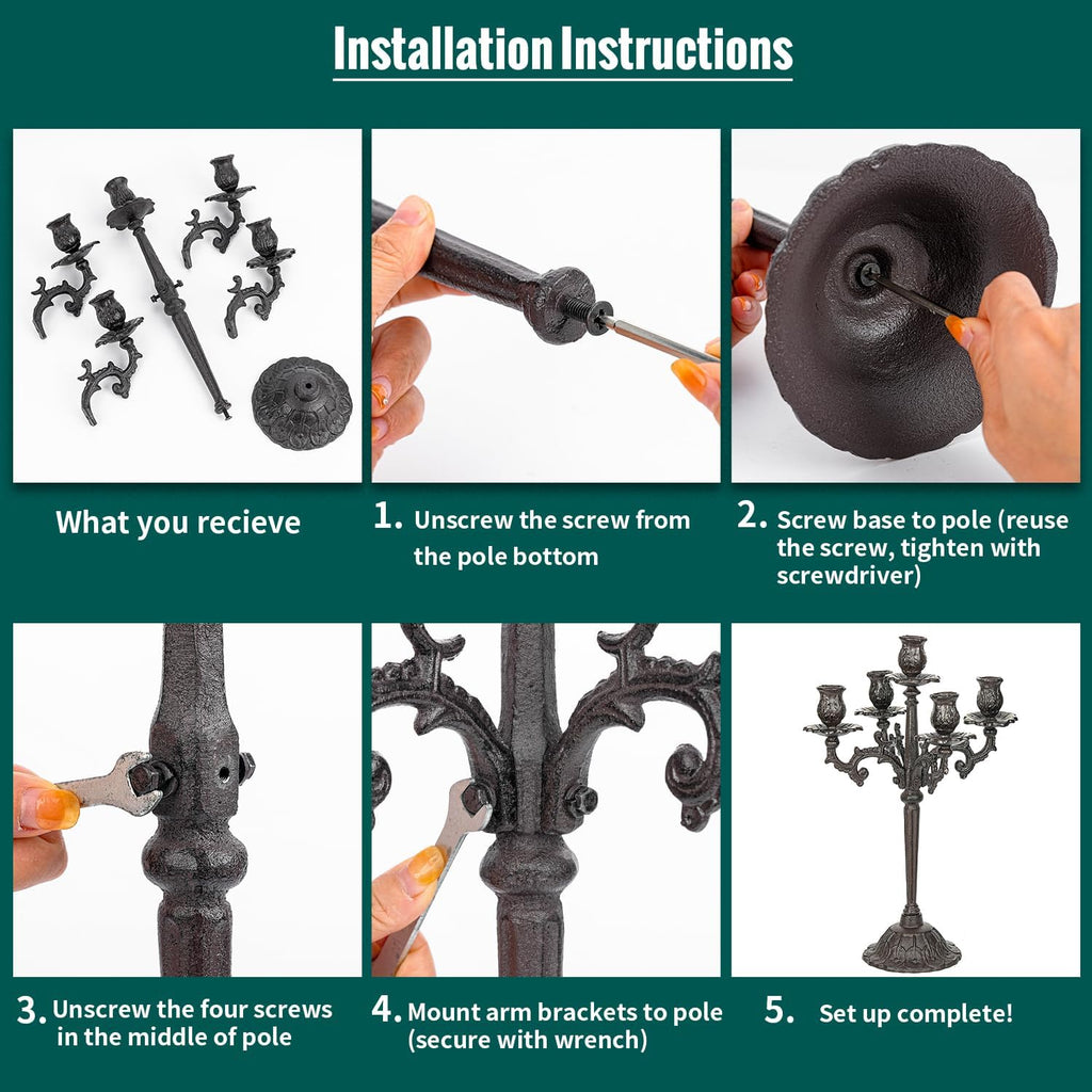 Heavy Duty Cast Iron Candlestick Holders - Handcrafted Vintage Candelabra - 17Inch Tall & 5 Arms Candle Holders
