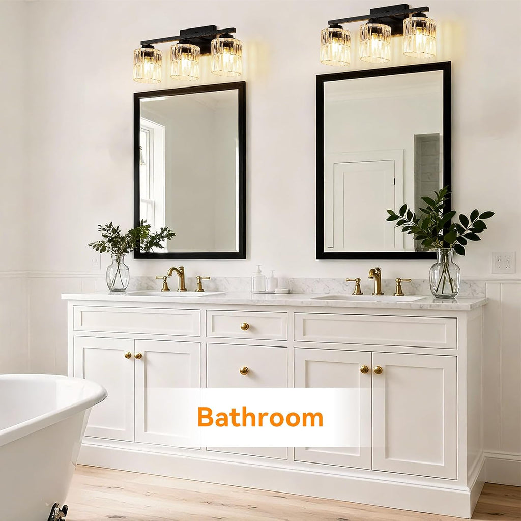 Black 3-Light Bathroom Vanity Light with Fluted Cylinder Glass Shade | Modern Vanity Lighting Fixtures, Bathroom