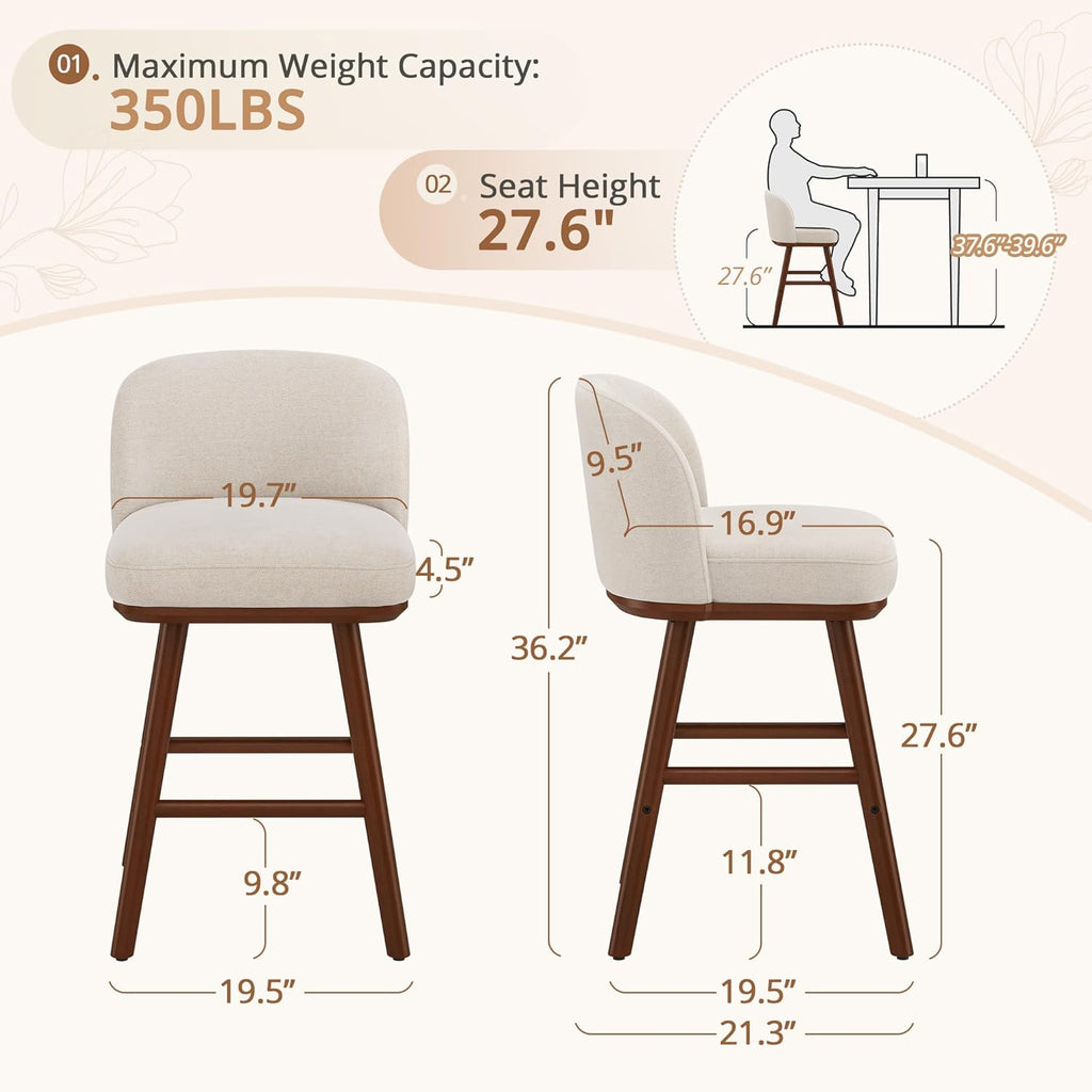Counter Height Bar Stools Set of 3, Upholstered Barstools with Wooden Legs and Backs, 19.7" W & 27.6" H Counter