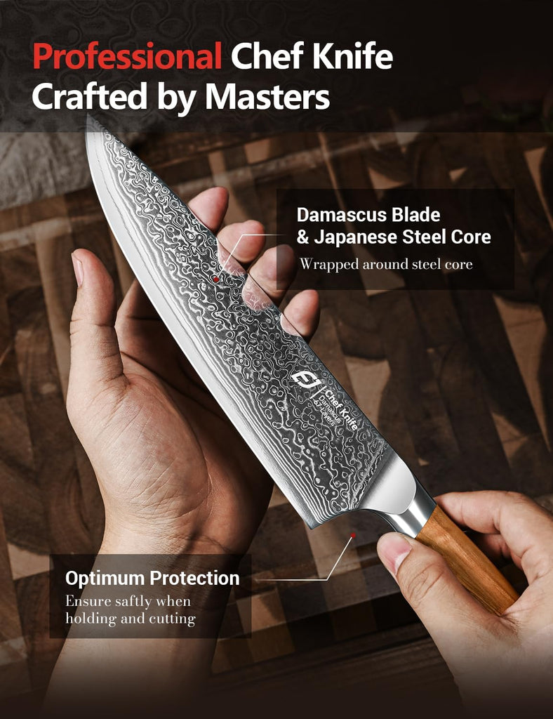 Damascus Kitchen Knife Set, 3 PCS Japanese Chef Knife Set, 67-Layers Damascus Knife with Original Olive Wood Handle