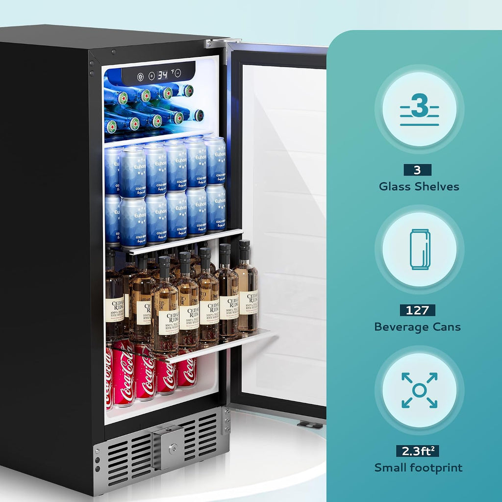 Beverage Refrigerator 15 Inch, Under Counter 127 Can Beverage Fridge with Stainless Steel Door, Beverage Cooler Built