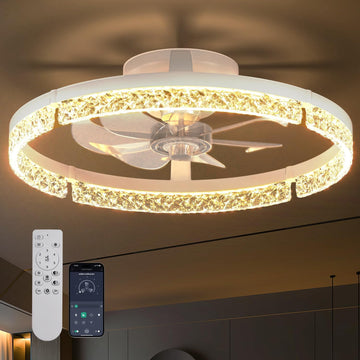 Ceiling Fans with Lights and Remote, 20'' Low Profile Ceiling Fans, 3000-6000K Dimmable Modern Flush Mount LED Fan Light, Fandelier Ceiling Fan for Bedroom, Kitchen, Living Room, White