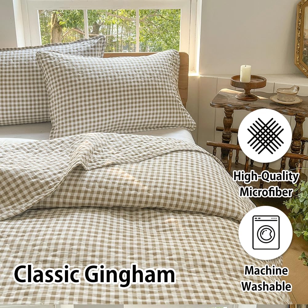 Tan Gingham Summer Bedspread Quilt Set