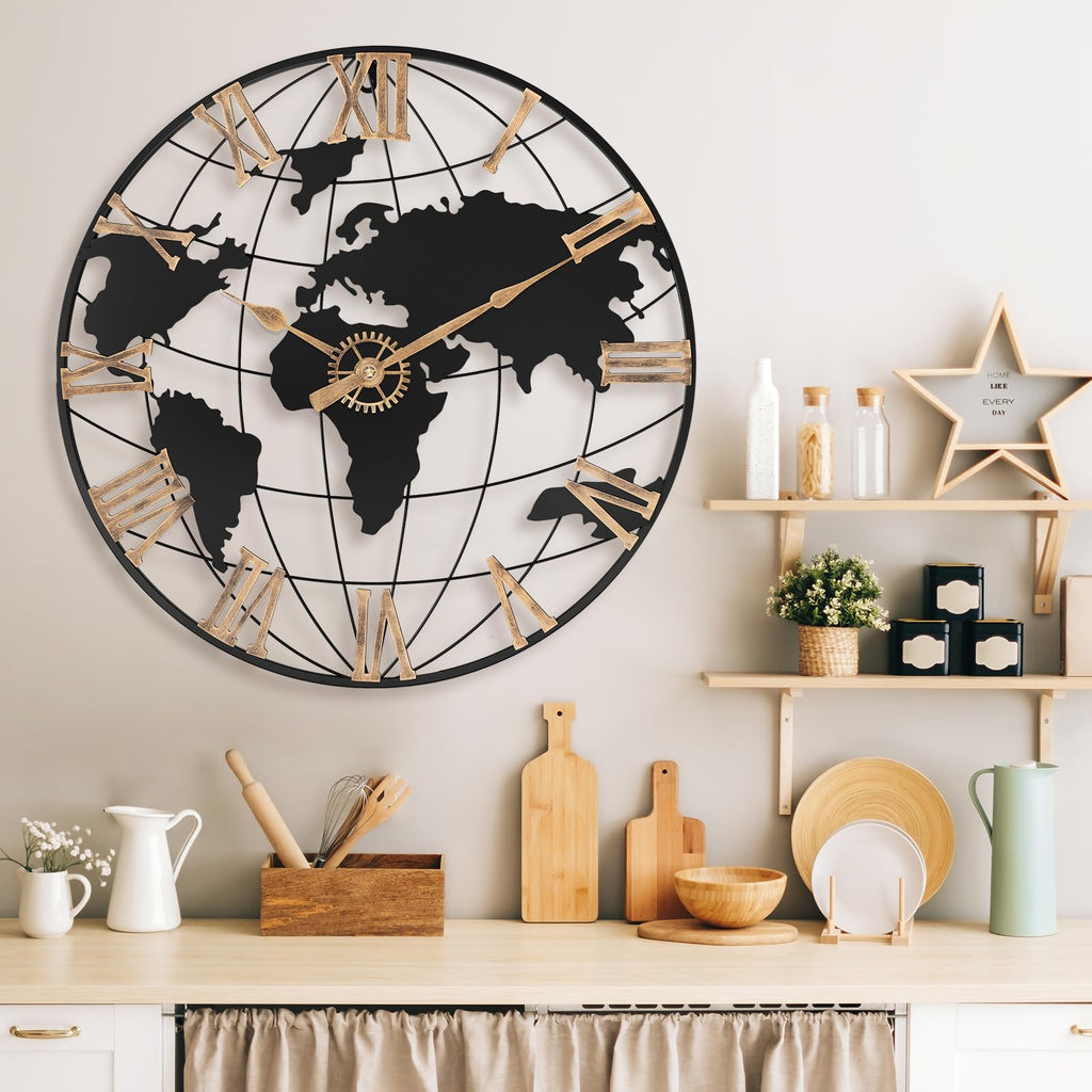 24 Inch Large World Map Vintage Gold Roman Numerals Wall Clock