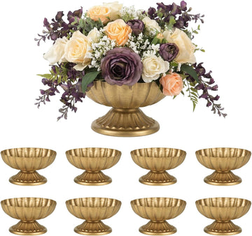 Set of 8 Antique Gold Compote Vases, 7.1" W x 3.94" H Metal Pedestal Vase for Centerpiece, Small Brass Compote Bowls