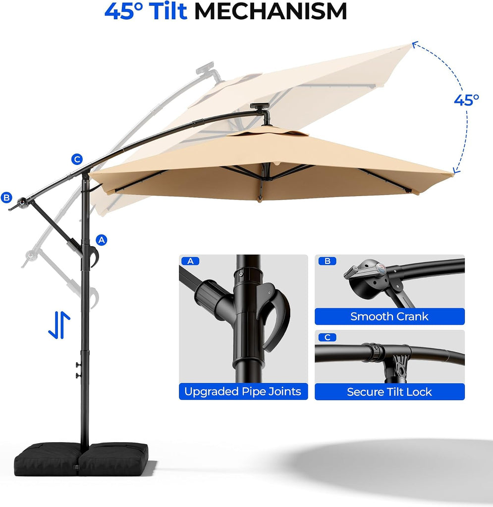 10FT Solar Offset Patio Umbrella with Base Included, 5-Year Fade-Resistant Canopy, 45° Easy Tilt Crank