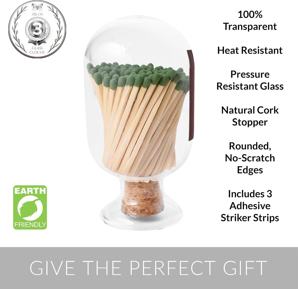 Glass Match Holder with Striker - Includes Fancy Matches in Cloche Jar - Decorative Christmas Gift or Fireplace
