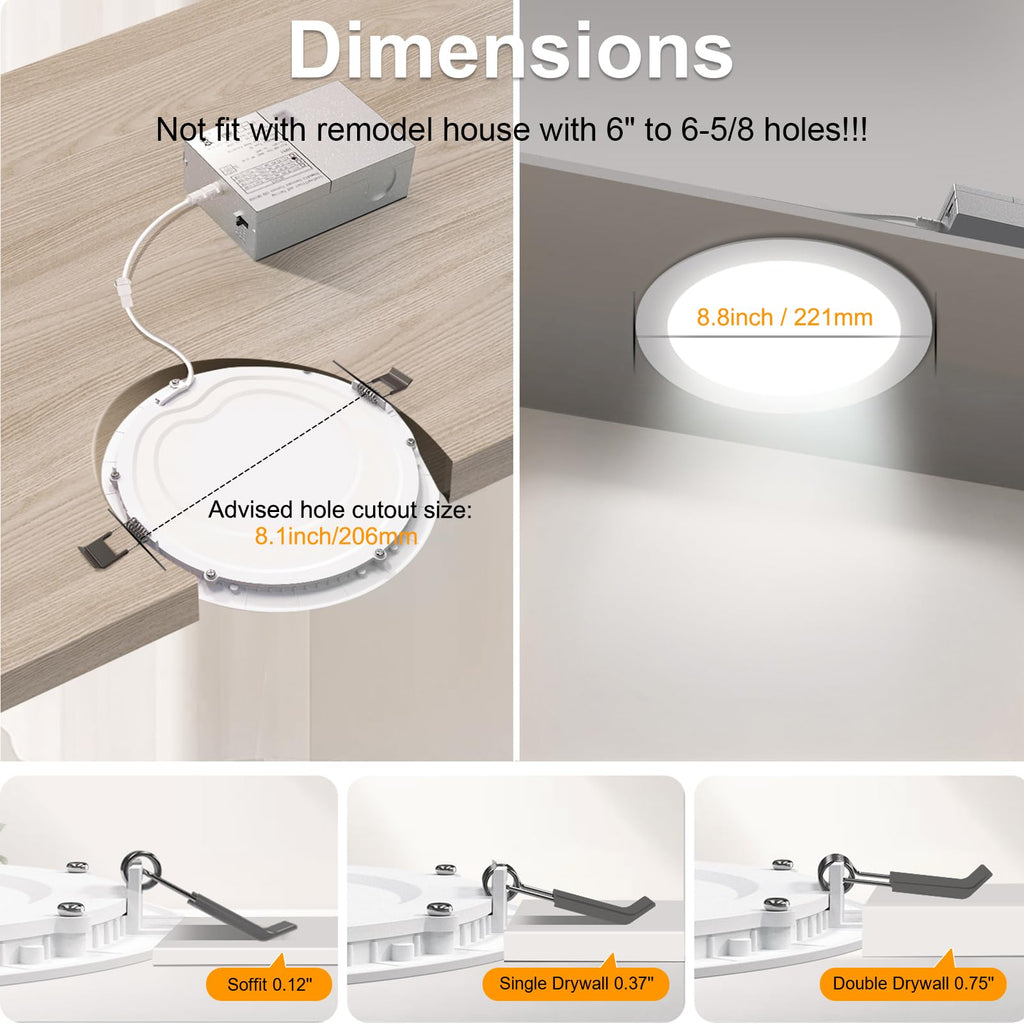 6 Pack 8 Inch LED Recessed Lighting with Junction Box Ultra-Thin, 3000K/4500K/6000K Selectable, 8" Dimmable Canless